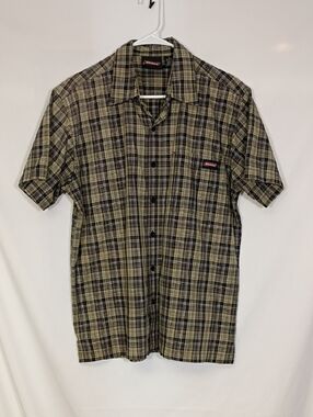 EUC Dickies Plaid Black And Green Short Sleeve Button Down Shirt Mens Size Large